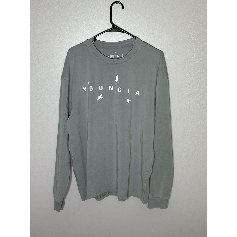 YoungLa Long Sleeve Shirt Mens Size M Gray Oversized Bird Logo Graphic Chest